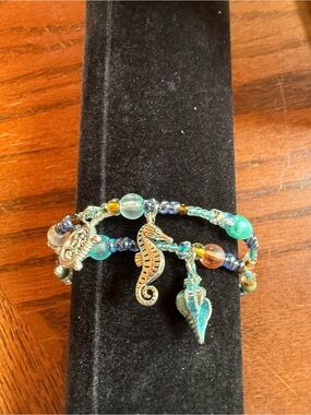 Sea Charm Beaded Wrap Bracelet in Turquoise and Blue - Unbranded